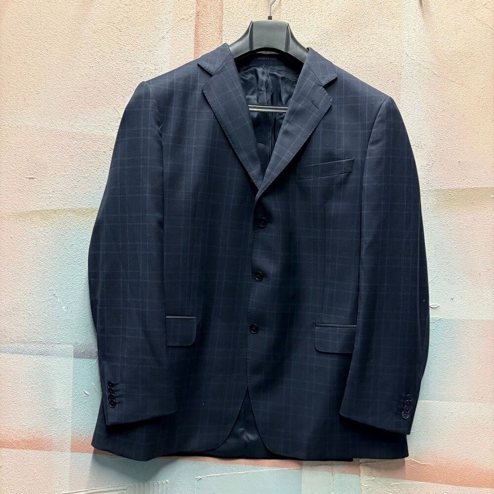 Luigi Bianchi Mantova 44L Virgin Wool Suit Jacket Black Blue Plaid Preppy Formal